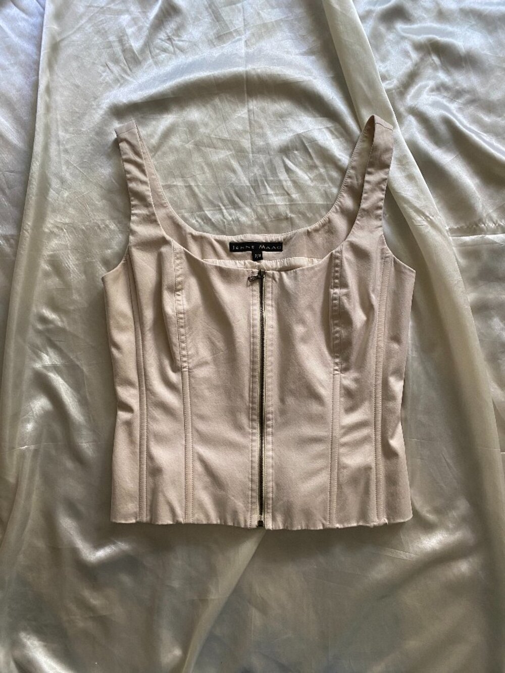 Vintage 1990s Jenne Maac Beige Corset Front Zip Top Petite 4 Minimalist Chic